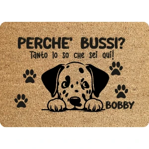Tappeto PERSONALIZZATO con nome cane divertente Dalmata Perchè bussi? Zerbino in poliestere 60x40 cm