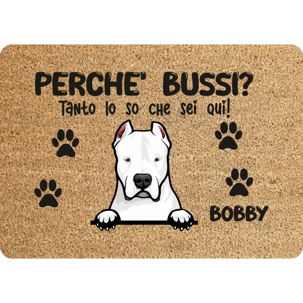 Tappeto PERSONALIZZATO con nome cane divertente Dogo Argentino Perchè bussi? Zerbino in poliestere 60x40 cm