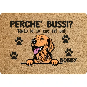 Tappeto PERSONALIZZATO con nome cane divertente Golden Retriever Perchè bussi? Zerbino in poliestere 60x40 cm
