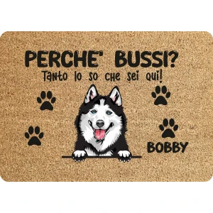 Tappeto PERSONALIZZATO con nome cane divertente Husky Perchè bussi? Zerbino in poliestere 60x40 cm
