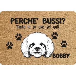 Tappeto PERSONALIZZATO con nome cane divertente Barboncino Perchè bussi? Zerbino in poliestere 60x40 cm