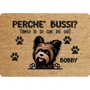 Tappeto PERSONALIZZATO con nome cane divertente Yorkshire Perchè bussi? Zerbino in poliestere 60x40 cm