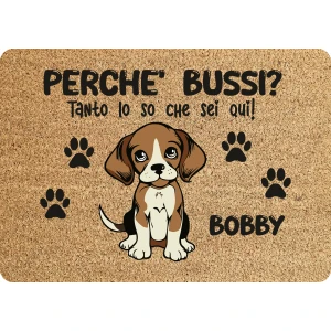 Tappeto PERSONALIZZATO con nome cane divertente Beagle Perchè bussi? Zerbino in poliestere 60x40 cm