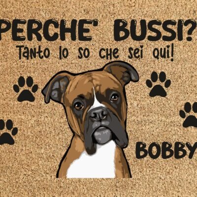 Tappeto PERSONALIZZATO con nome cane divertente Boxer Perchè bussi? Zerbino in poliestere 60x40 cm