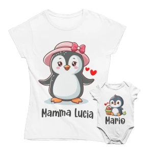 COLORFAMILY Coppia T-Shirt e Body PERSONALIZZABILE Pinguino Figlio Figlia Mamma Donna Neonato Festa della Mamma Maglietta manica corta Taglie dalla S alla XL e da 0 a 24 mesi