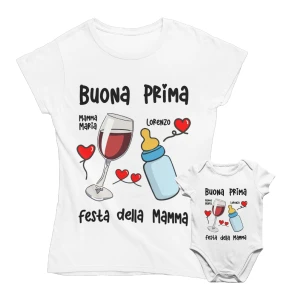 COLORFAMILY Coppia T-Shirt e Body PERSONALIZZABILE Mamma Donna Neonato Buona Prima Festa della Mamma Cin Cin Maglietta manica corta Taglie dalla S alla XL e da 0 a 24 mesi