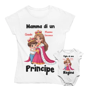 COLORFAMILY Coppia T-Shirt e Body PERSONALIZZABILE Mamma di un Principe Figlio di una Regina Donna Neonato Festa della Mamma Maglietta manica corta Taglie dalla S alla XL e da 0 a 24 mesi