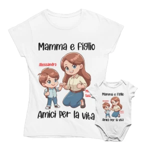 COLORFAMILY Coppia T-Shirt e Body PERSONALIZZABILE Mamma e Figlio Amici per la vita Donna Neonato Festa della Mamma Maglietta manica corta Taglie dalla S alla XL e da 0 a 24 mesi