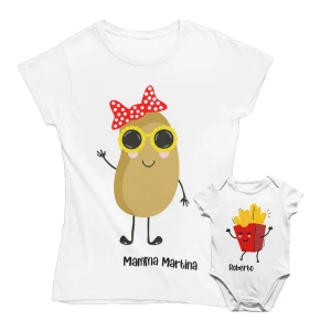 COLORFAMILY Coppia T-Shirt e Body PERSONALIZZABILE Mamma Figlio Figlia Donna Neonato Patatine Maglietta manica corta Taglie dalla S alla XL e da 0 a 24 mesi