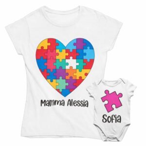 COLORFAMILY Coppia T-Shirt e Body PERSONALIZZABILE Mamma Figlia Donna Neonato Cuore Puzzle Maglietta manica corta Taglie dalla S alla XL e da 0 a 24 mesi