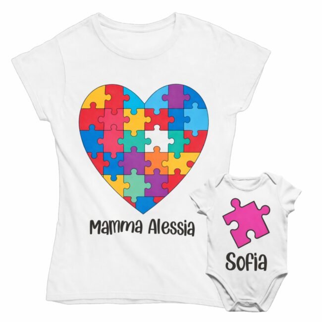 Set t-shirt e body coordinato personalizzabile con nomi per mamma e figlio cuore puzzle