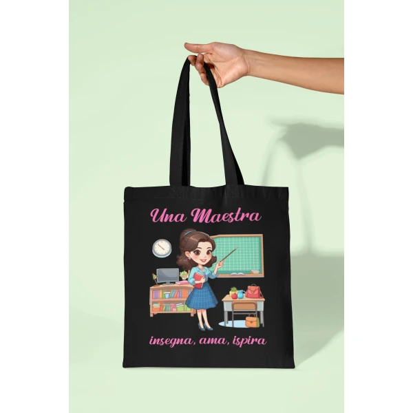 Shopping Bag Maestra Una Maestra Insegna, Ama, Ispira Idea regalo Fine Anno Scolastico  Nera in cotone - immagine 3