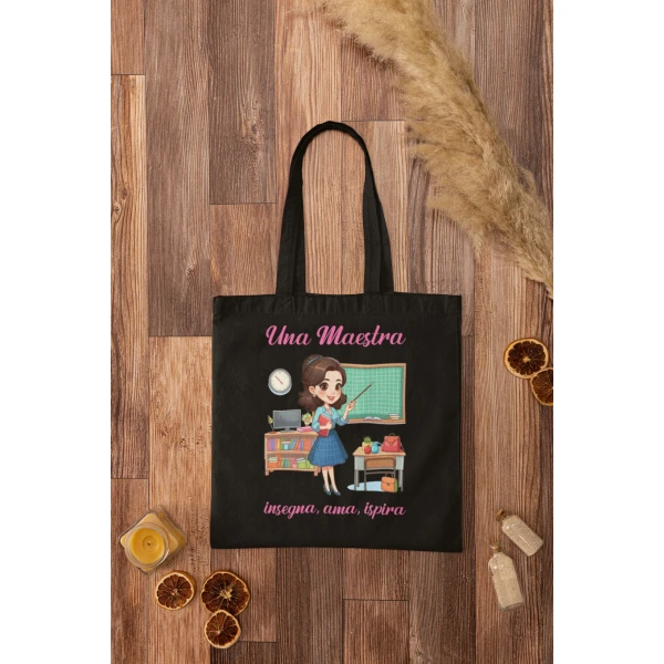 Shopping Bag Maestra Una Maestra Insegna, Ama, Ispira Idea regalo Fine Anno Scolastico  Nera in cotone - immagine 4