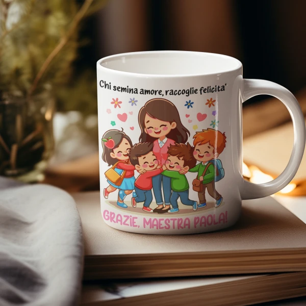Tazza Maestra Personalizzabile con Nome - Chi semina amore raccoglie felicità Grazie - Idea Regalo Fine Anno Scolastico Mug 11 Oz - immagine 4
