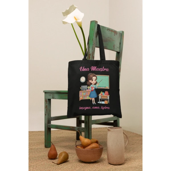 Shopping Bag Maestra Una Maestra Insegna, Ama, Ispira Idea regalo Fine Anno Scolastico  Nera in cotone - immagine 5