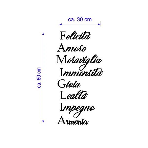 Adesivo murale Wall Sticker Famiglia - Felicità, amore, gioia, lealtà - frasi famiglia - idea regalo per la casa Dimensioni 60x30 cm - immagine 3