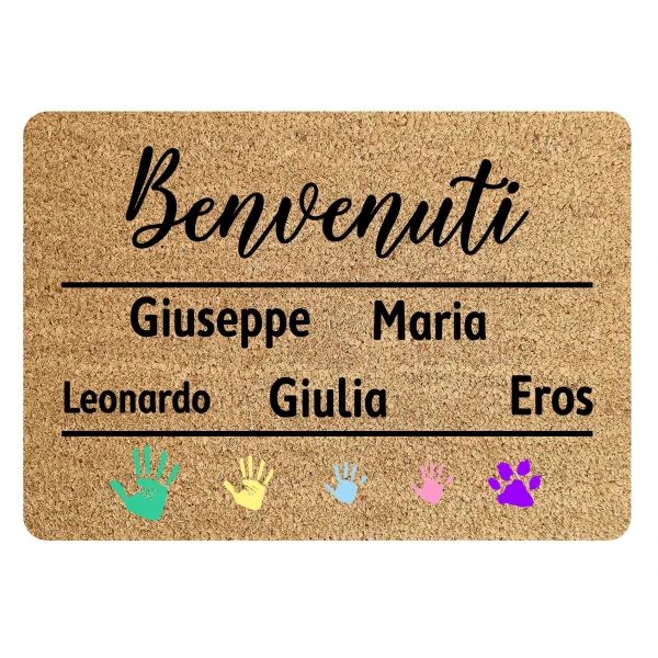 Tappeto Personalizzato con Nome Famiglia Benvenuti Nomi Impronte Zerbino in Poliestere 60x40 cm