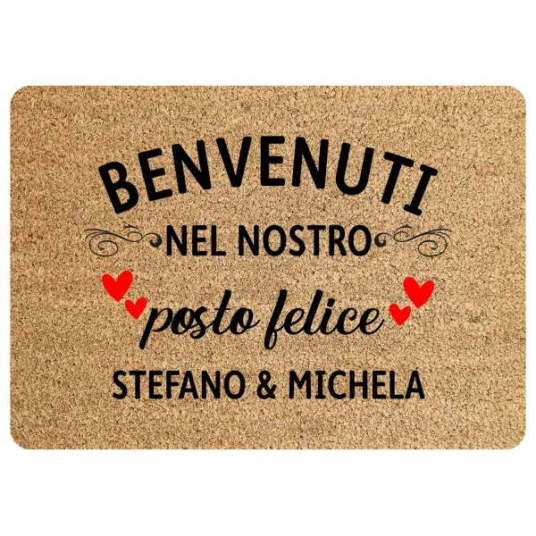 Tappeto Personalizzato con Nome Famiglia Benvenuti nel nostro posto felice Zerbino in Poliestere 60x40 cm