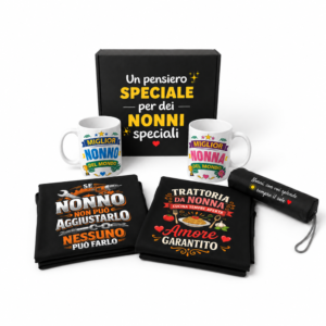 Cofanetto Box Regalo Nonni 5 Pezzi: 2 Tazze Mug in Ceramica, 2 Grembiuli Divertenti e 1 Ombrello Pieghevole | Idea Regalo Originale Festa dei Nonni, Natale e Compleanno
